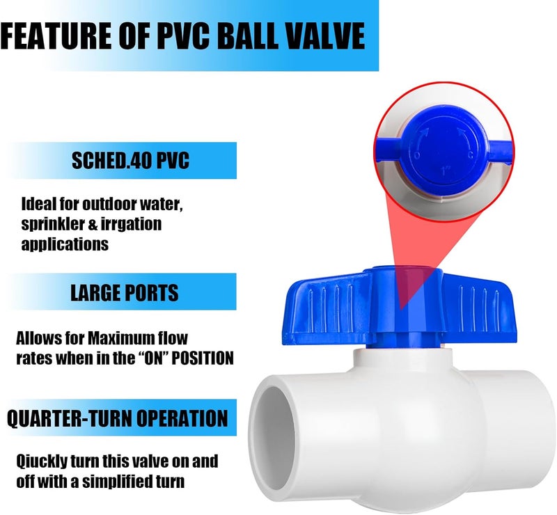 AODESTINY 6PCS 1" PVC Ball Valve, Shut-Off Ball Valves Socket with Easy Turn Blue T-Handles, Slip PVC Valve for Water Project, Swimming Pool, Sewage Pump, Sprinkler Lines, Outdoor Plumbing & Irrigation System - Image 3